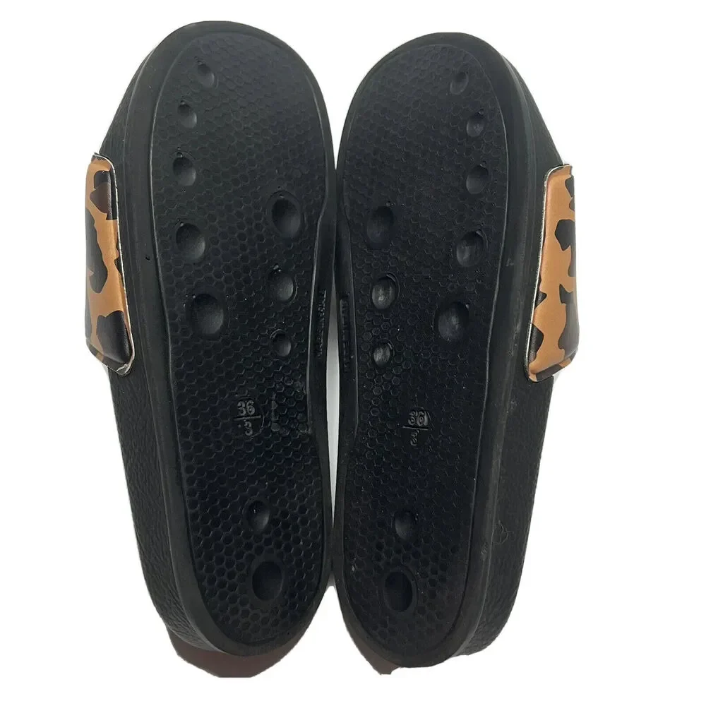 P448 Leopard black rubber sandals Slides Size 3 Black logo flats Pool Beach